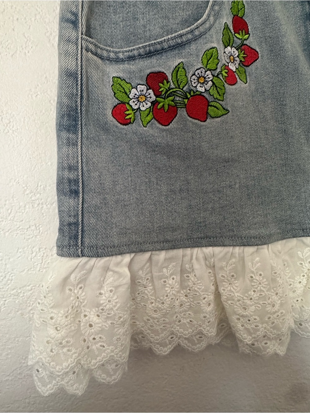 Dolls Kill x Strawberry Shortcake Freshly Picked Denim Mini Skirt with Ruffle- L - Picture 2 of 8